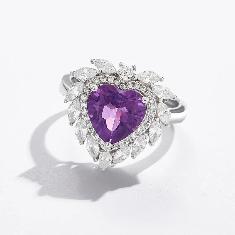 heart-cut amethyst halo ring worn detail beside the face