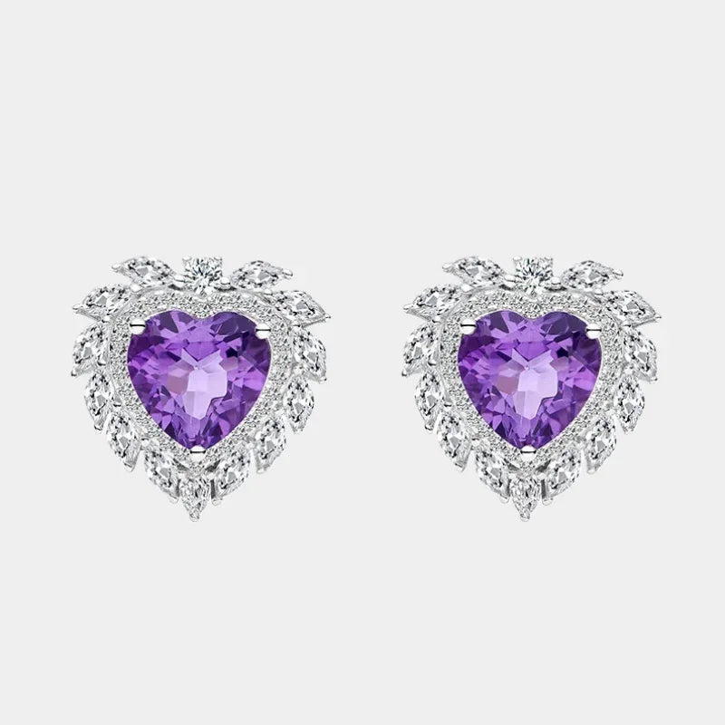 heart-cut amethyst stud earrings front product view on a white background