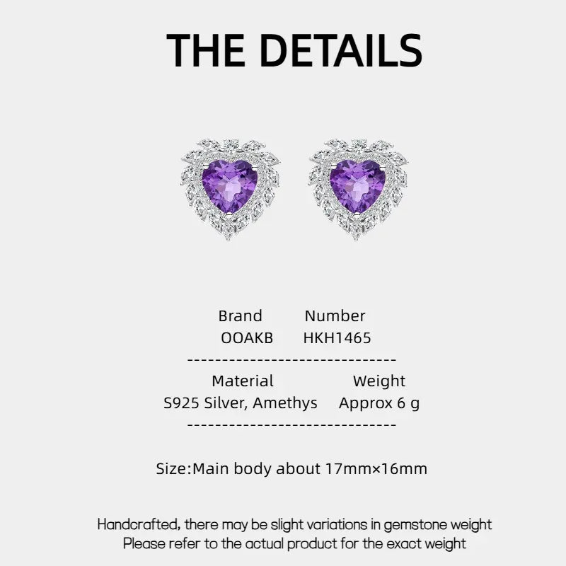 heart-cut amethyst stud earrings specification card with product measurements