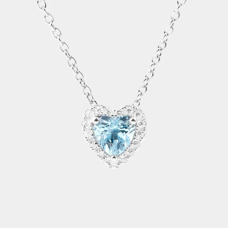 Heart-Cut Aquamarine Halo Pendant Necklace full necklace view on a white background