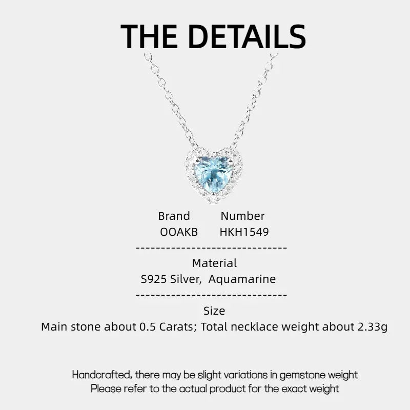 Heart-Cut Aquamarine Halo Pendant Necklace specification card with product measurements