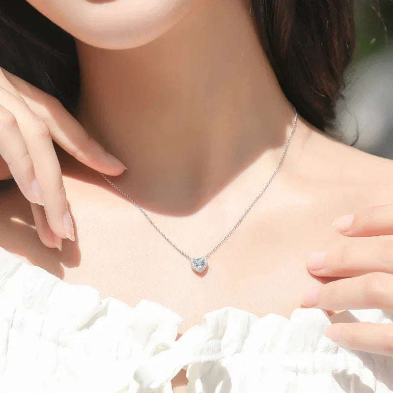 Heart-Cut Aquamarine Halo Pendant Necklace styled neckline view showing pendant scale