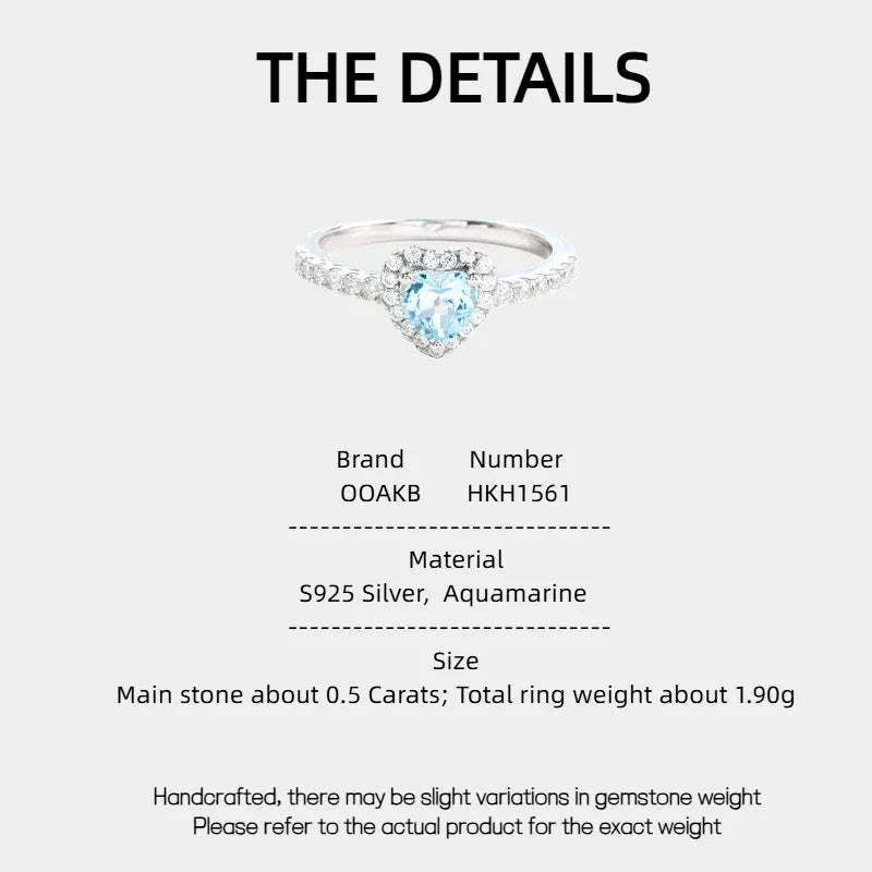 Heart-Cut Aquamarine Pave Ring specification card with product measurements