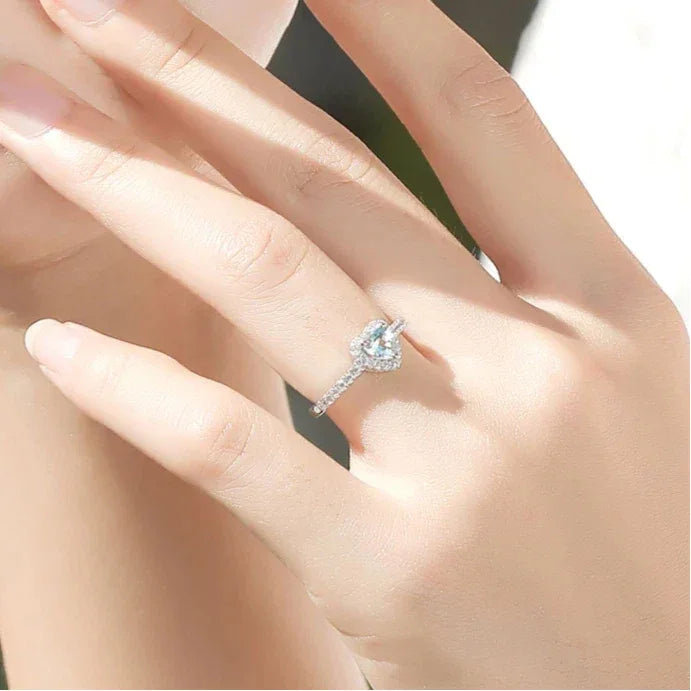 Heart-Cut Aquamarine Pave Ring worn on the hand from a second angle