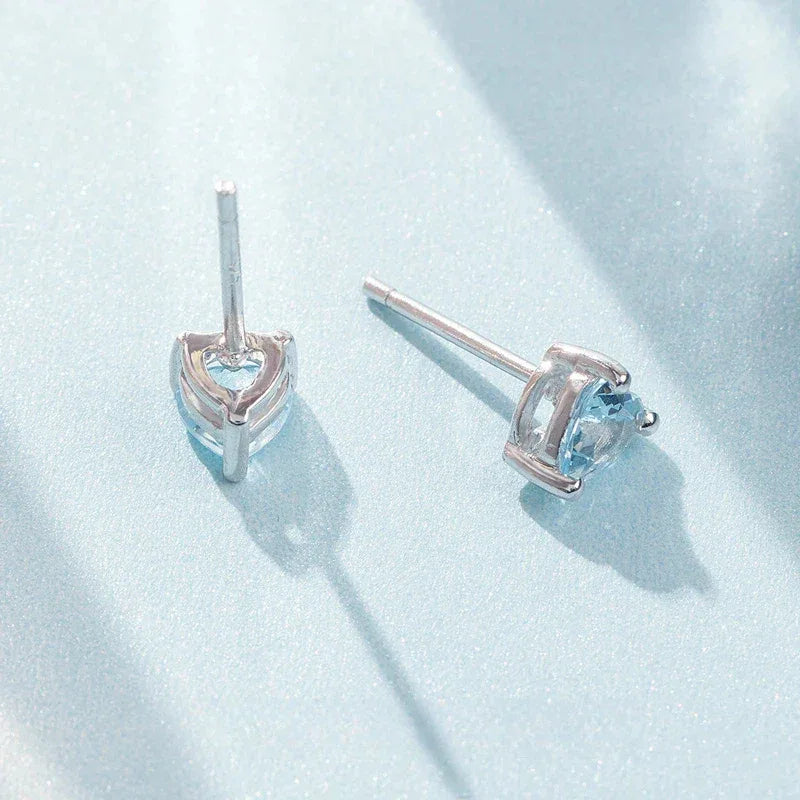 Heart-Cut Aquamarine Stud Earrings side view showing posts and settings