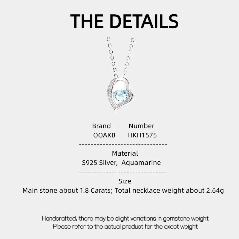 Heart-Cut Aquamarine Swirl Pendant Necklace specification card with product measurements