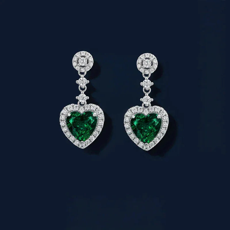 Heart-Cut Emerald Drop Earrings paired product view on a dark background
