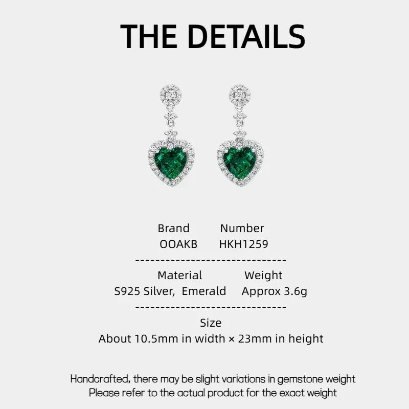 Heart-Cut Emerald Drop Earrings specification card with product measurements