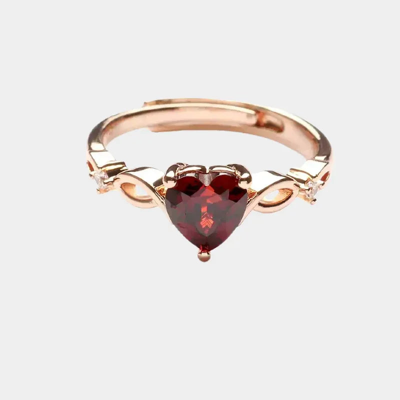 Heart-Cut Garnet Adjustable Ring front product view on a light background