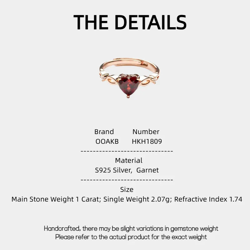 Heart-Cut Garnet Adjustable Ring specification card with measurements and material details