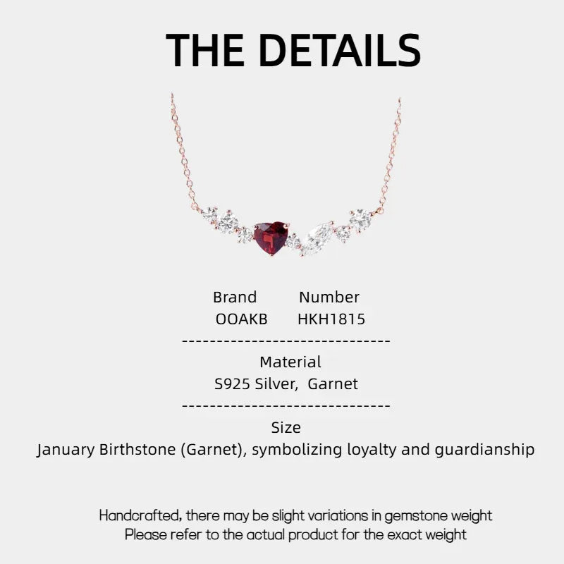 Heart-Cut Garnet Choker Necklace specification card with measurements and material details