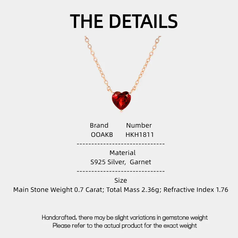 Heart-Cut Garnet Solitaire Necklace specification card with measurements and material details