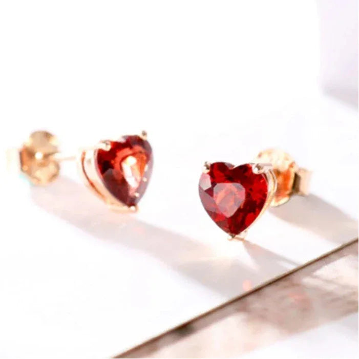 Heart-Cut Garnet Stud Earrings rear and band detail view