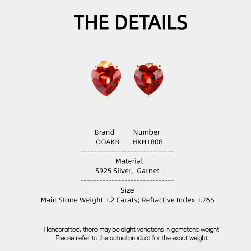 Heart-Cut Garnet Stud Earrings specification card with measurements and material details