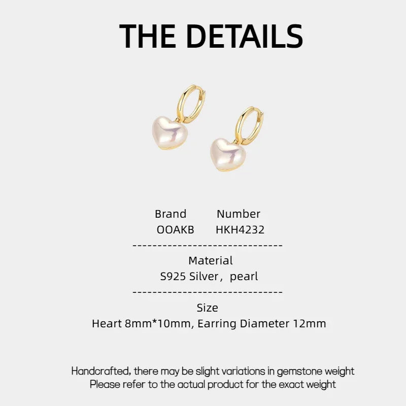 Pearl Heart Drop Huggie Earrings — specification card with material and size details