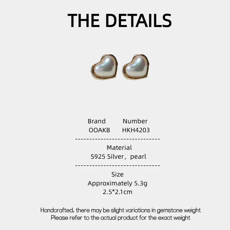 Heart-Shaped Pearl Stud Earrings — specification card with material and size details