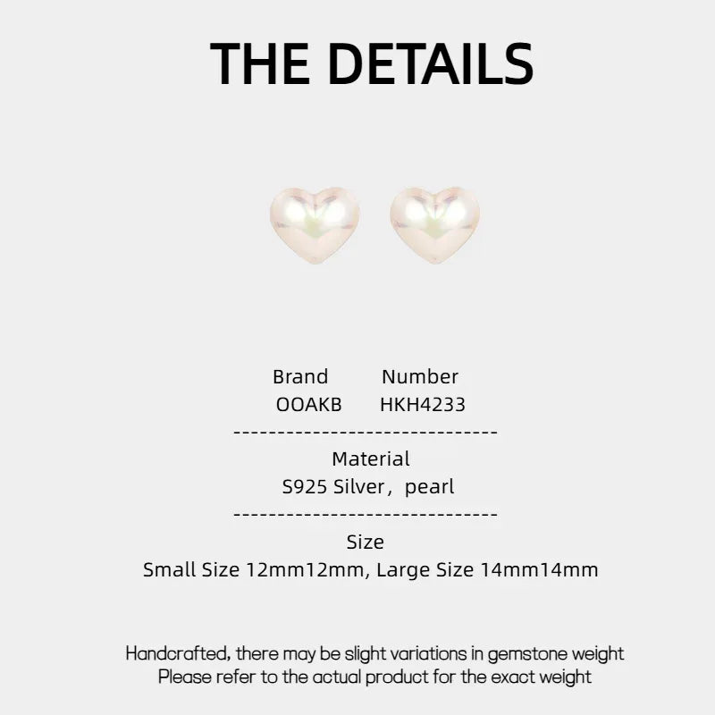 Iridescent Pearl Heart Stud Earrings — specification card with material and size details