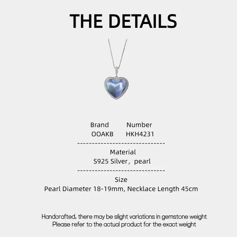Blue Iridescent Pearl Heart Halo Pendant Necklace — specification card with material and size details