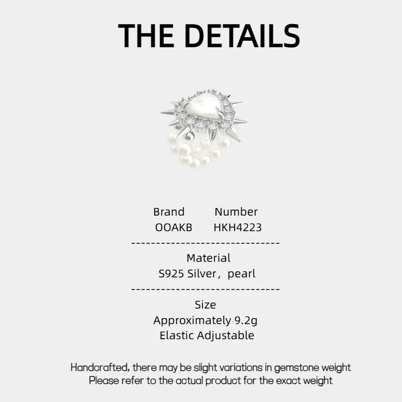 Spiked Pearl Cluster Statement Ring — specification card with material and size details