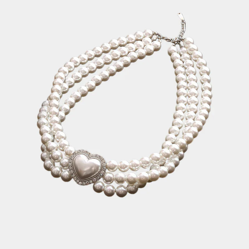 Triple-Strand Pearl Heart Choker Necklace — front view of triple-strand pearl choker with a central pearl heart
