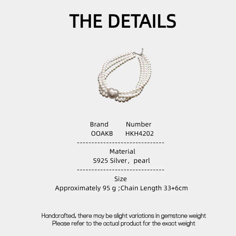 Triple-Strand Pearl Heart Choker Necklace — specification card with material and size details
