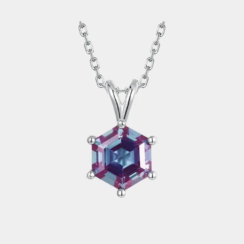 Hexagon Alexandrite pendant necklace with a three-bar bail, full product view on a white background