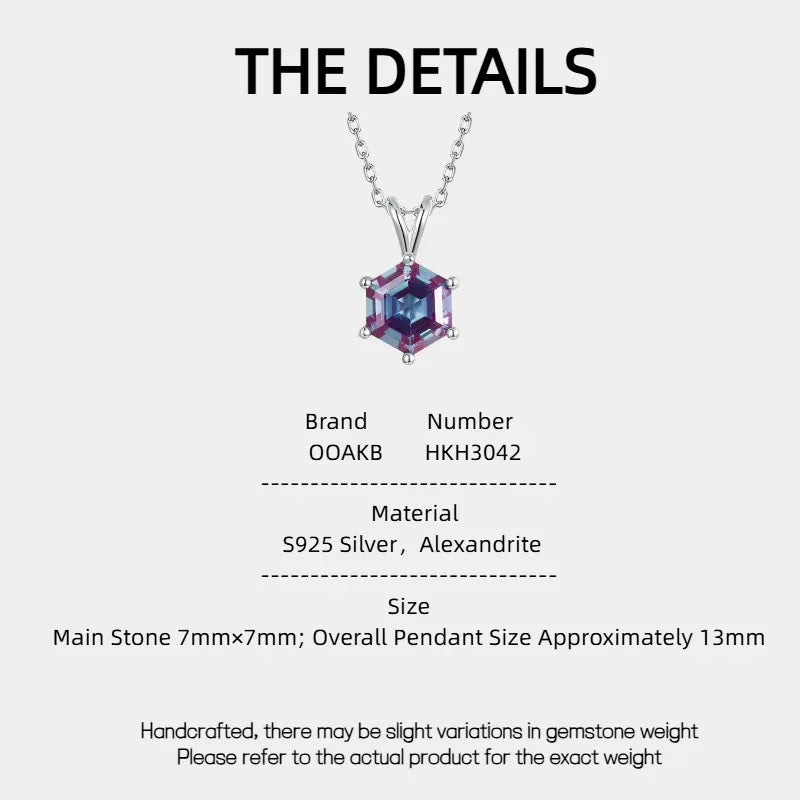 Hexagon Alexandrite pendant necklace with a three-bar bail, product specification card with text
