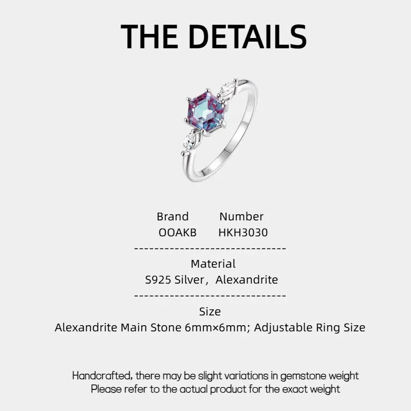 Hexagon Alexandrite ring with marquise-shaped clear accents, product specification card with text