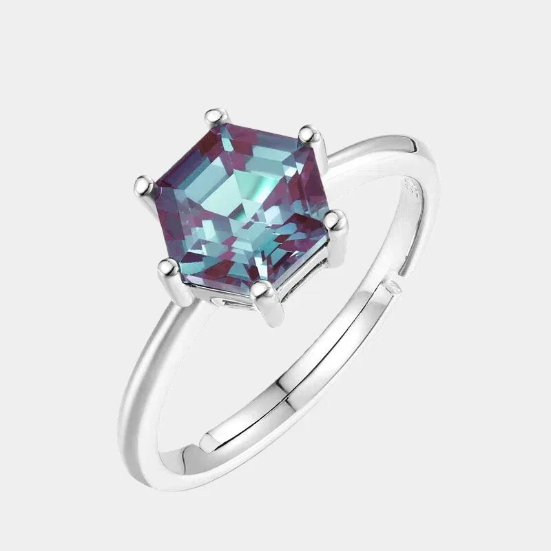 Hexagon Alexandrite solitaire ring, front product view on a white background