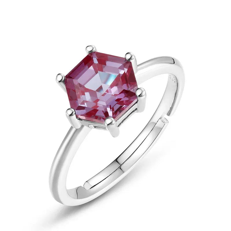 Hexagon Alexandrite solitaire ring, pink-toned Alexandrite view under alternate lighting