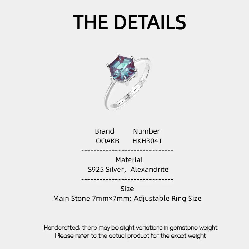 Hexagon Alexandrite solitaire ring, product specification card with text