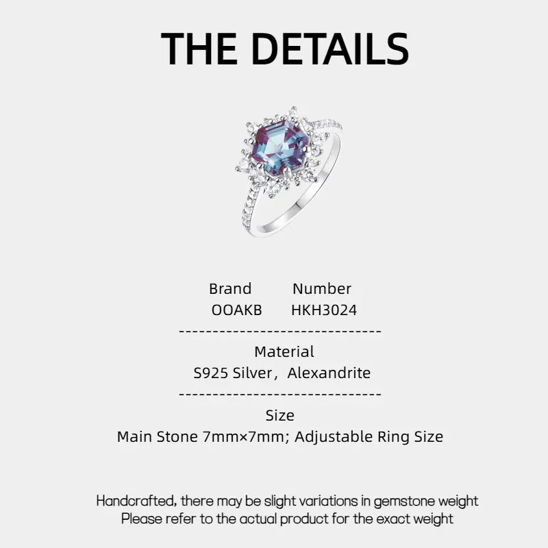 Hexagon Alexandrite sunburst halo ring, product specification card with text