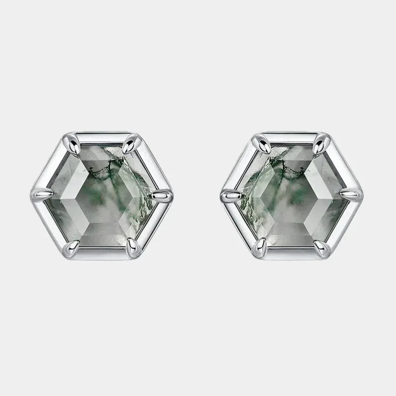 Hexagonal Moss Agate Earrings Unisex — front product view on a light background