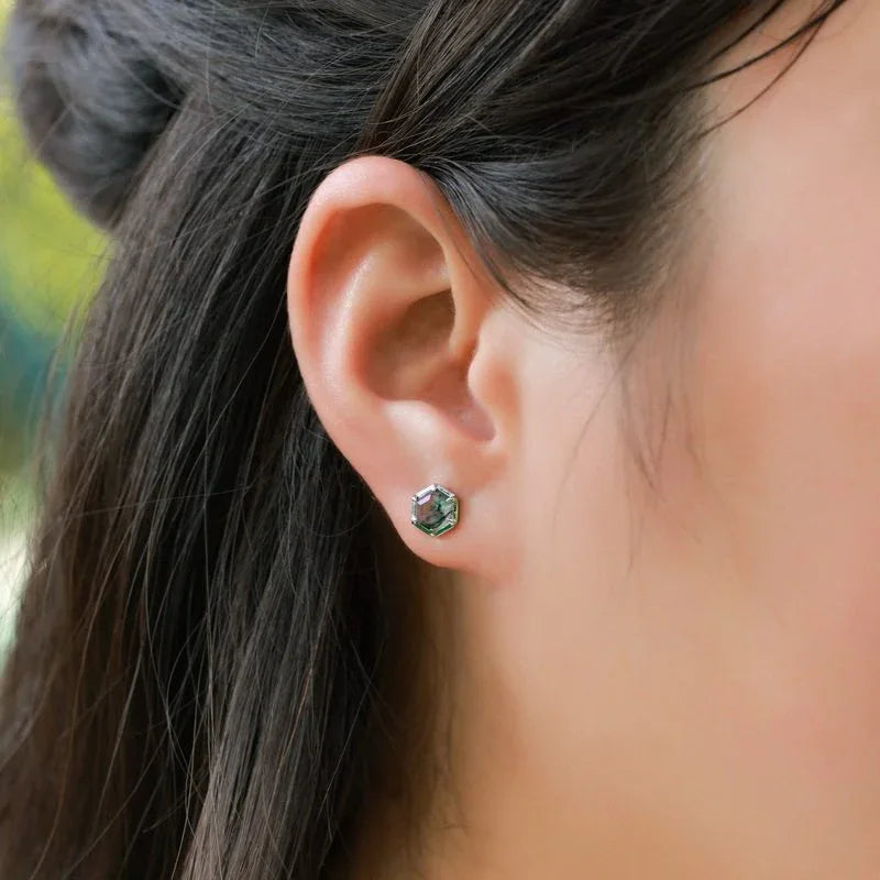 Hexagonal Moss Agate Earrings Unisex — hand-worn scale view 2