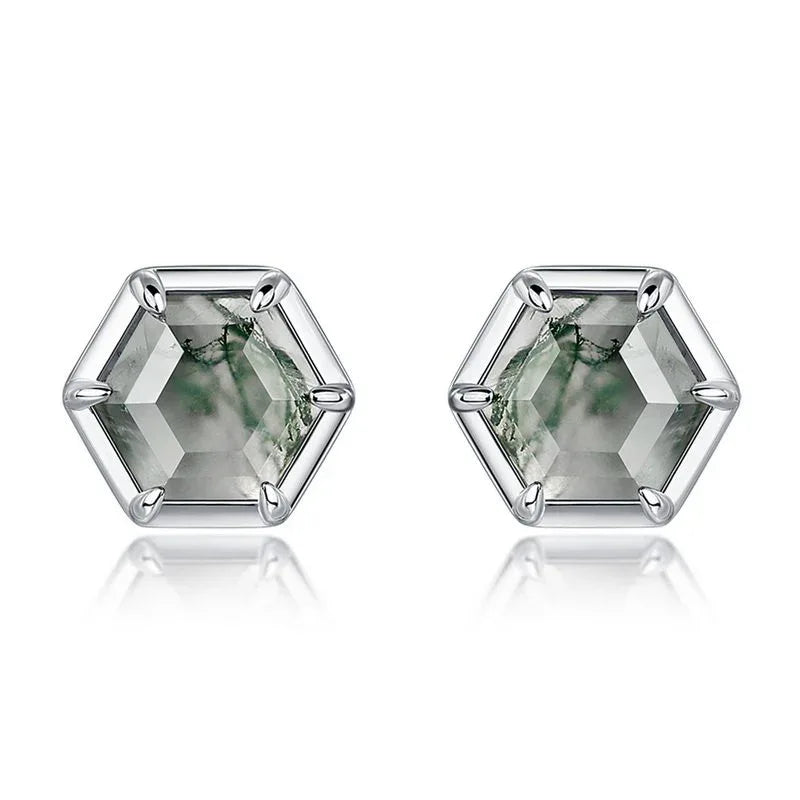 Hexagonal Moss Agate Earrings Unisex — side profile and band detail 4