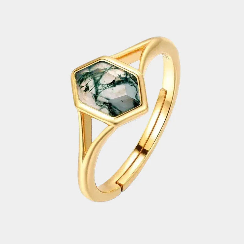Hexagonal Moss Agate Open Ring — front product view on a light background