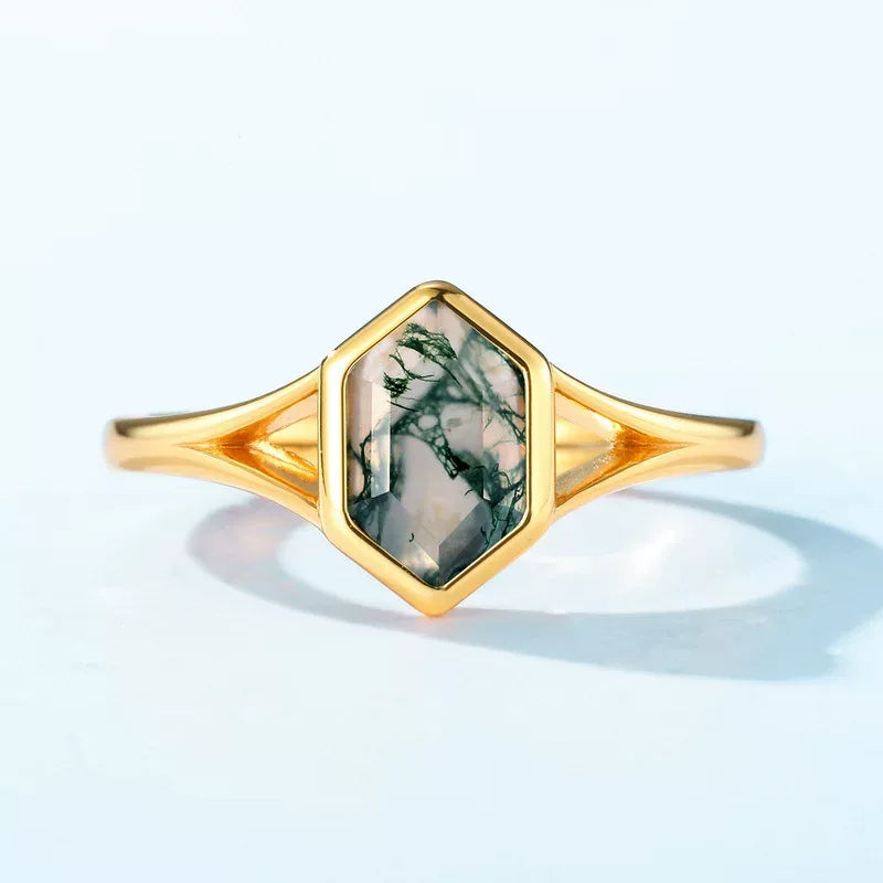 Hexagonal Moss Agate Open Ring — front setting detail 3