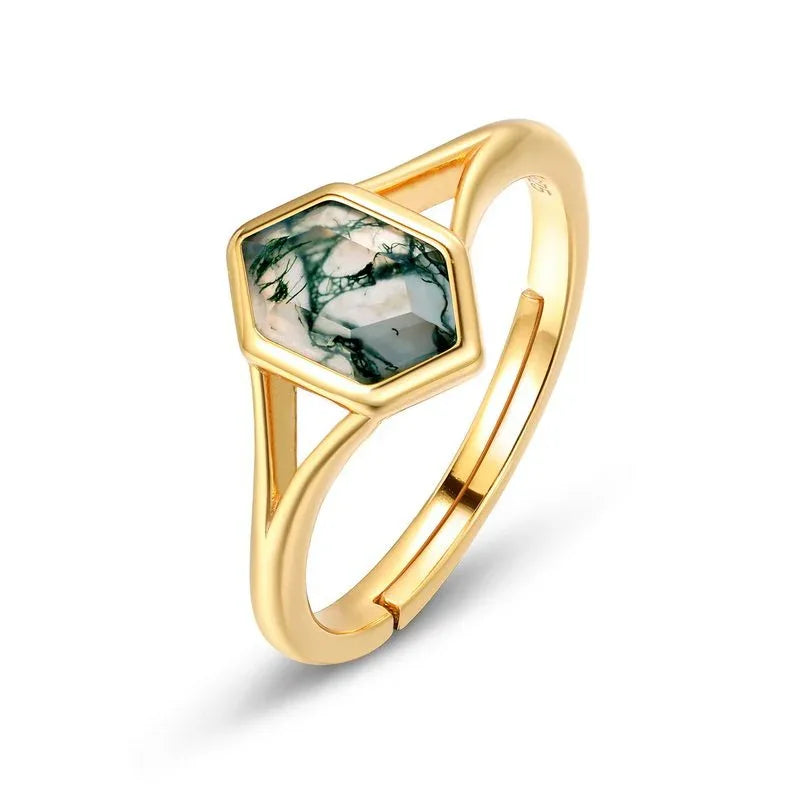 Hexagonal Moss Agate Open Ring — side profile and band detail 4