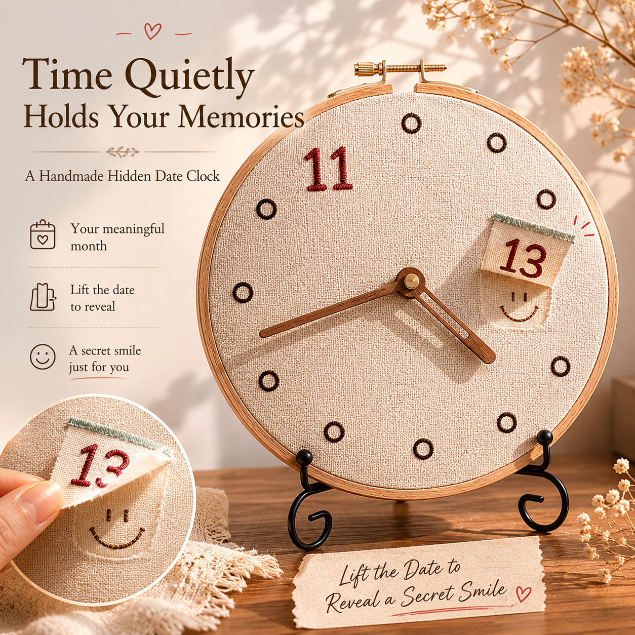 Hidden Date Embroidery Memory Clock, product overview