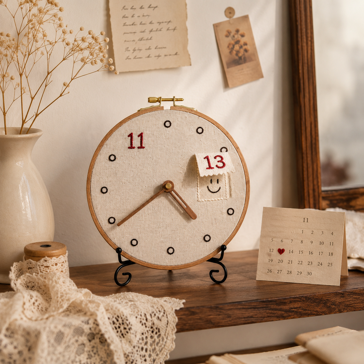 Hidden Date Embroidery Memory Clock, styled product view