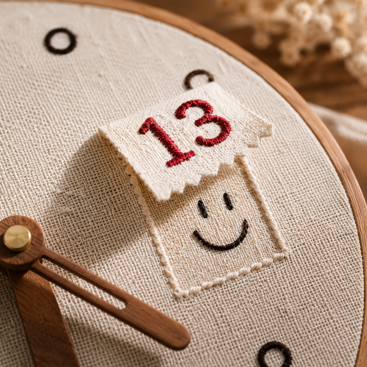 Hidden Date Embroidery Memory Clock, close-up detail