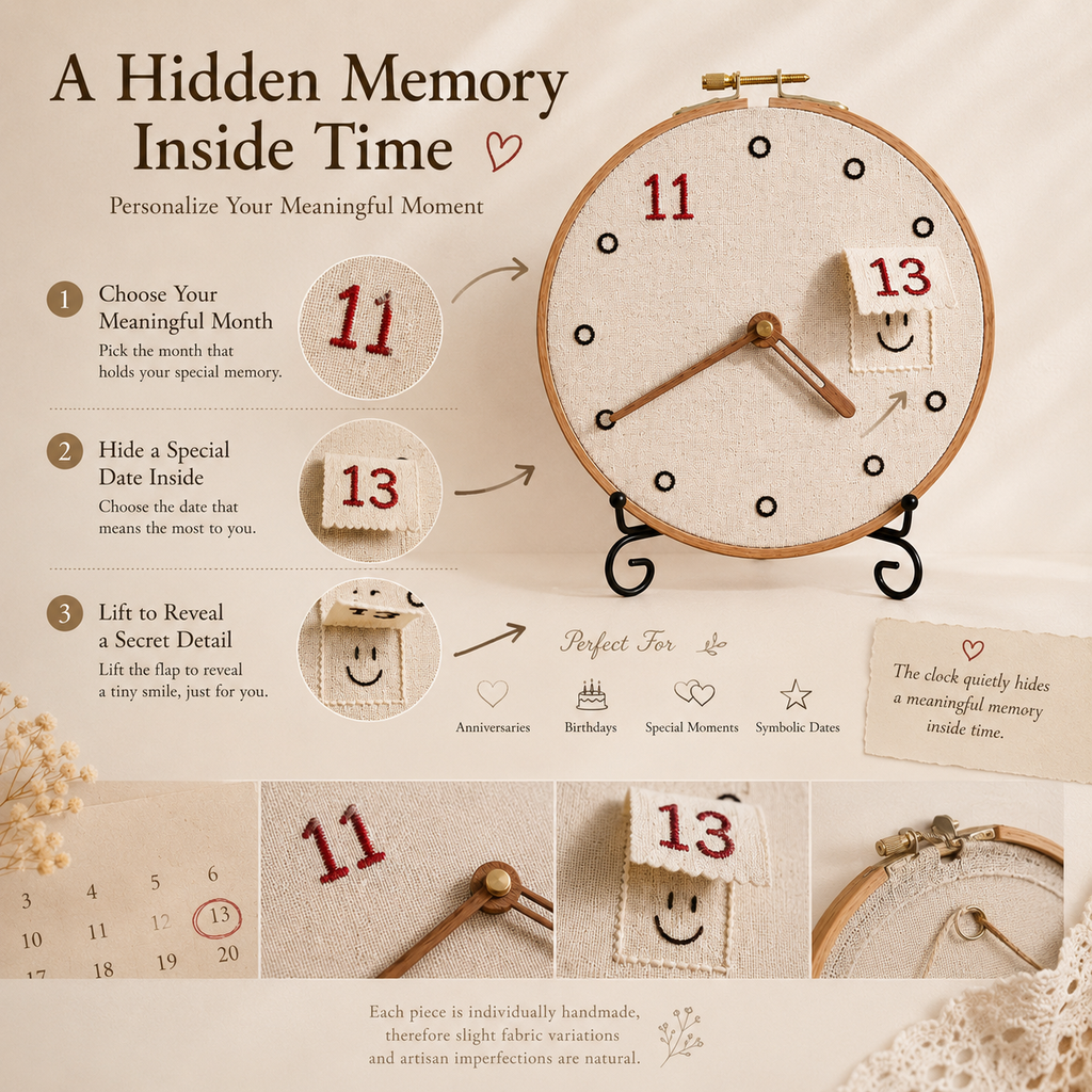Hidden Date Embroidery Memory Clock, lifestyle view