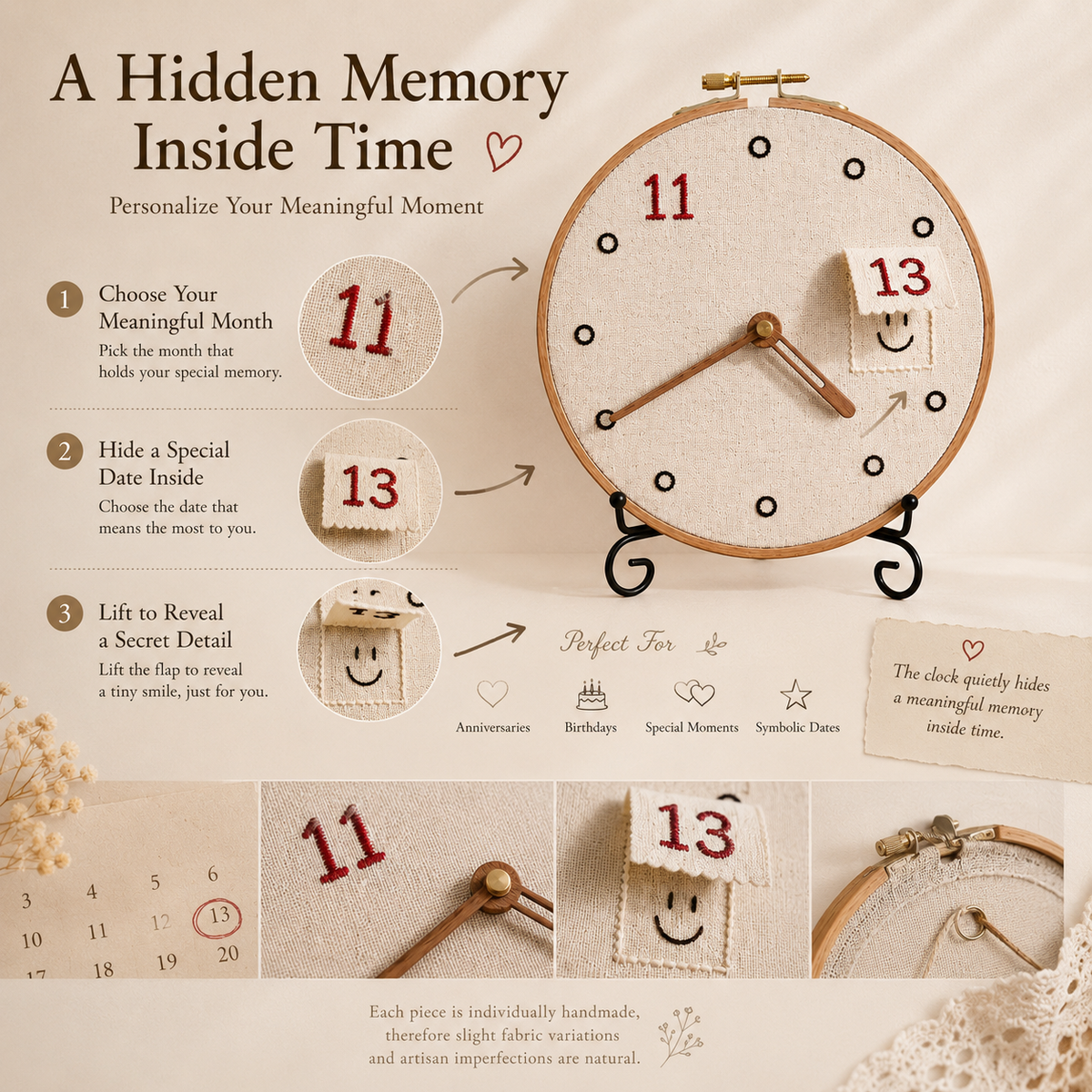 Hidden Date Embroidery Memory Clock, lifestyle view