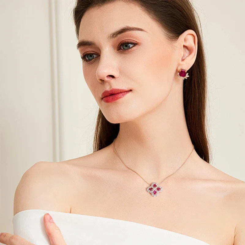 Hollow Four-Leaf Clover Ruby Necklace S925 Silver — alternate necklace view