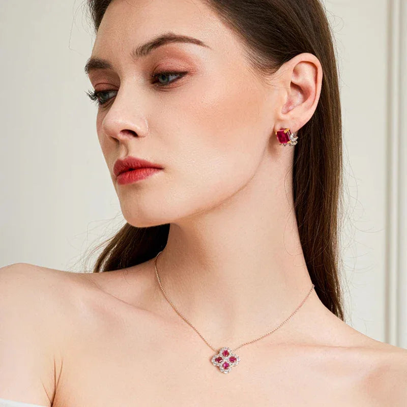 Hollow Four-Leaf Clover Ruby Necklace S925 Silver — full necklace view