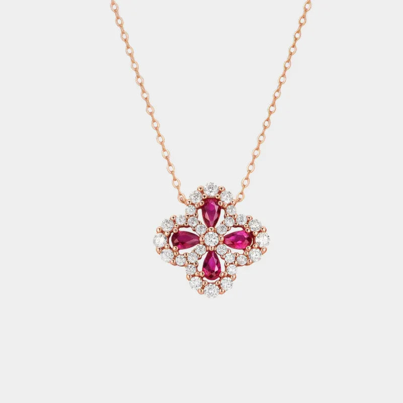 Hollow Four-Leaf Clover Ruby Necklace S925 Silver — main necklace product view