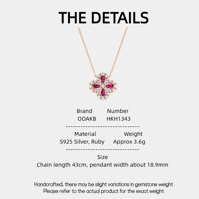 Hollow Four-Leaf Clover Ruby Necklace S925 Silver — specification card with material and size details