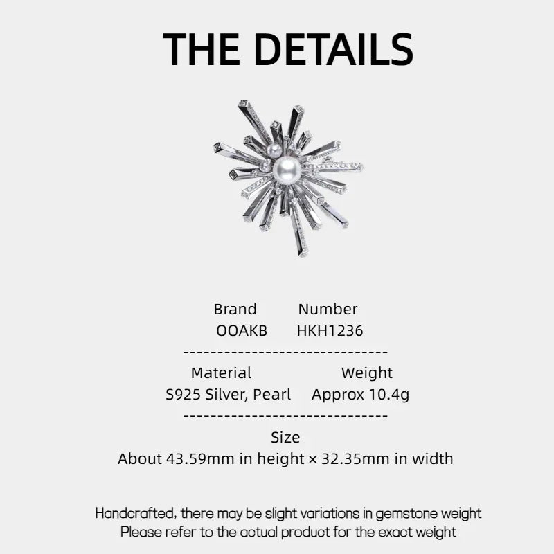 Pearl Starburst Snowflake Brooch — specification card with material and size details
