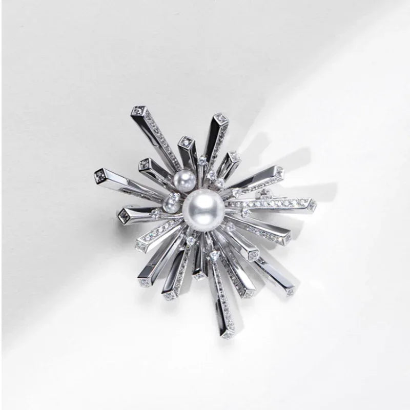 Pearl Starburst Snowflake Brooch — front product close-up on white