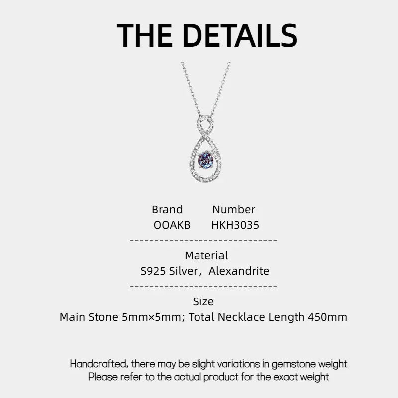 Infinity teardrop necklace with a round Alexandrite, product specification card with text